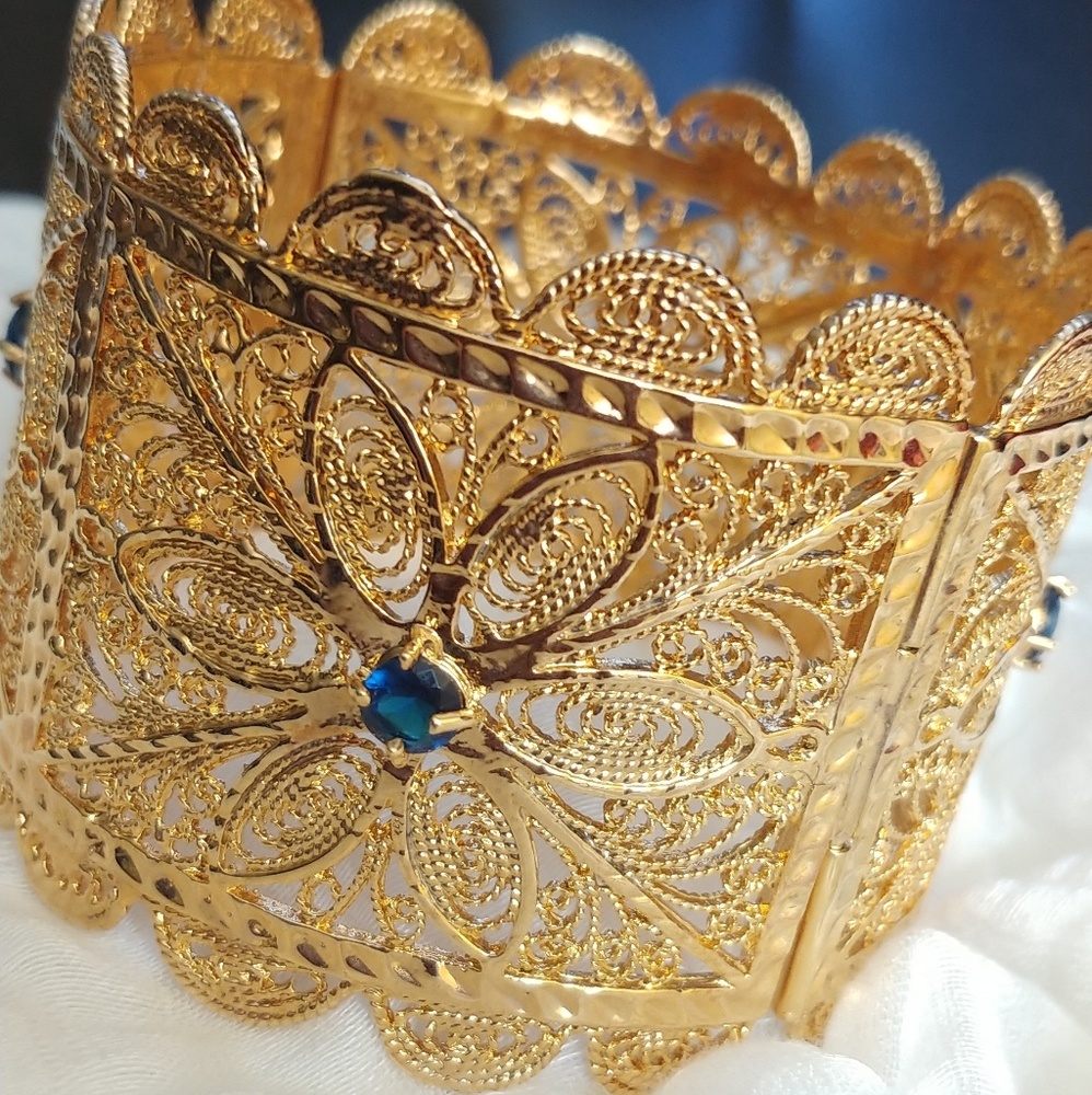 Gold Cuff/Bangle with Blue Crystal